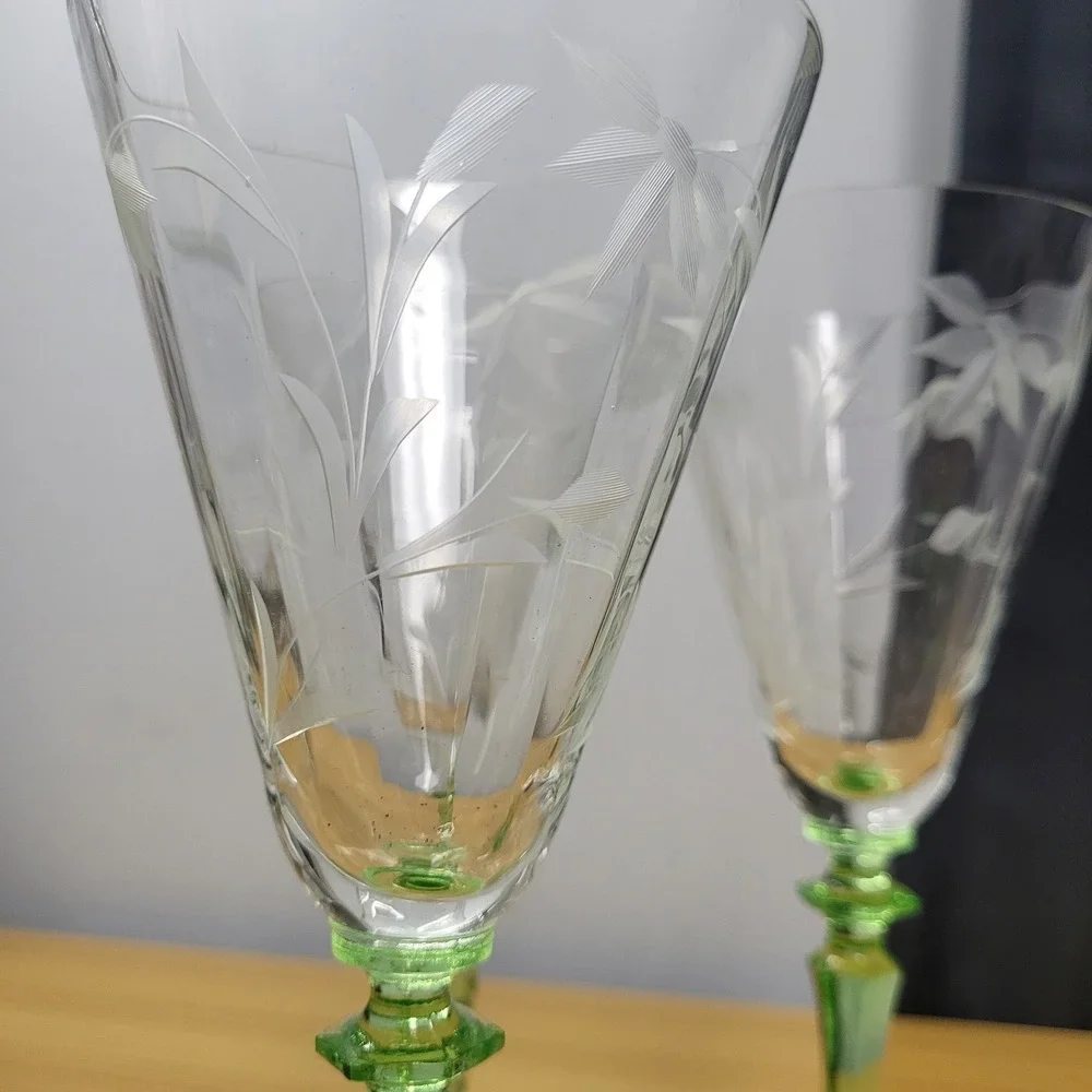 Vintage Uranium Etched Floral Stemware Glass Set of 6 Wine Goblet Optic